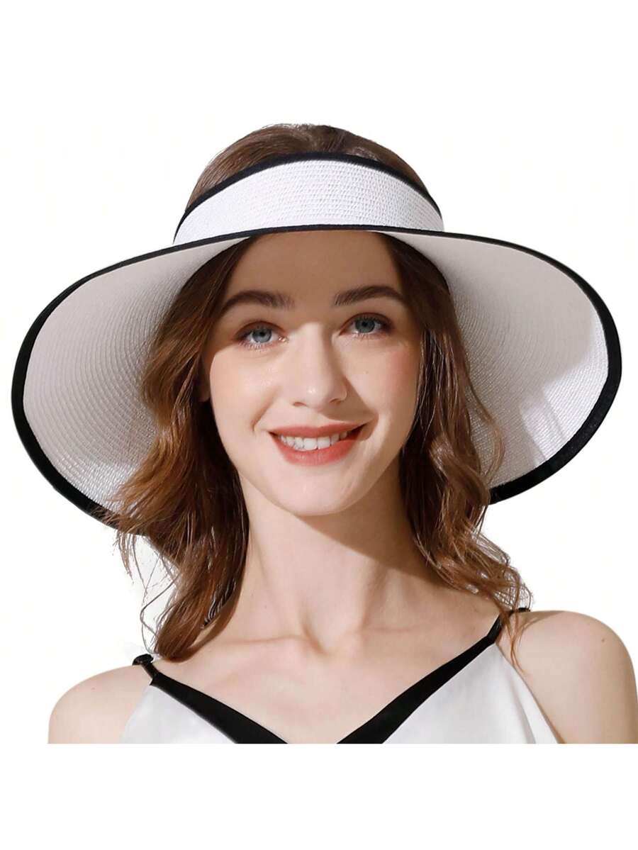 Women Wide Brim Sun Visor Hat UV Protection Roll Up Packable Ponytail Beach Hat