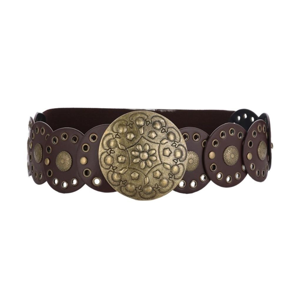 Zinc Zinc Alloy Ethnic Style Rivet Belt Y2K Disc PU Hollow Waistband Vintage Concho Wide Belt Waist Seal