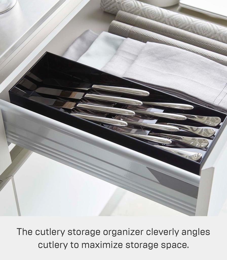 Yamazaki 3D Slanted Cutlery Case, Black, Approx. W35 X D12 X H5.5cm, Tower Series, Easy Access, Slanted Dividers, 5414