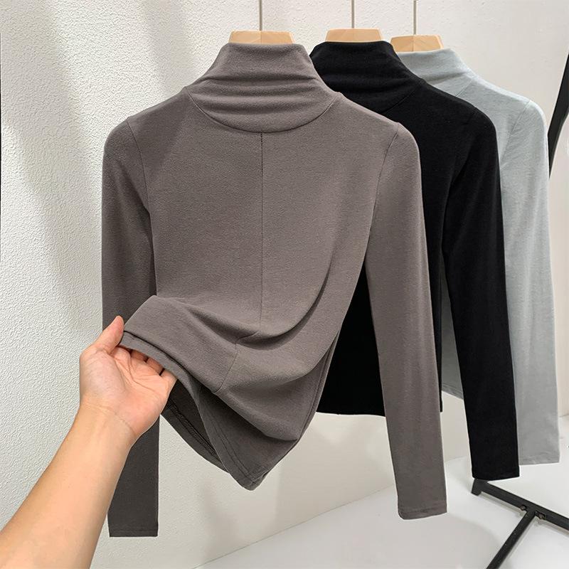 Semi-turtleneck bottoming shirt women's 2025 new women's clothing fashion splicing solid color long-sleeved t-shirt high-end inner top