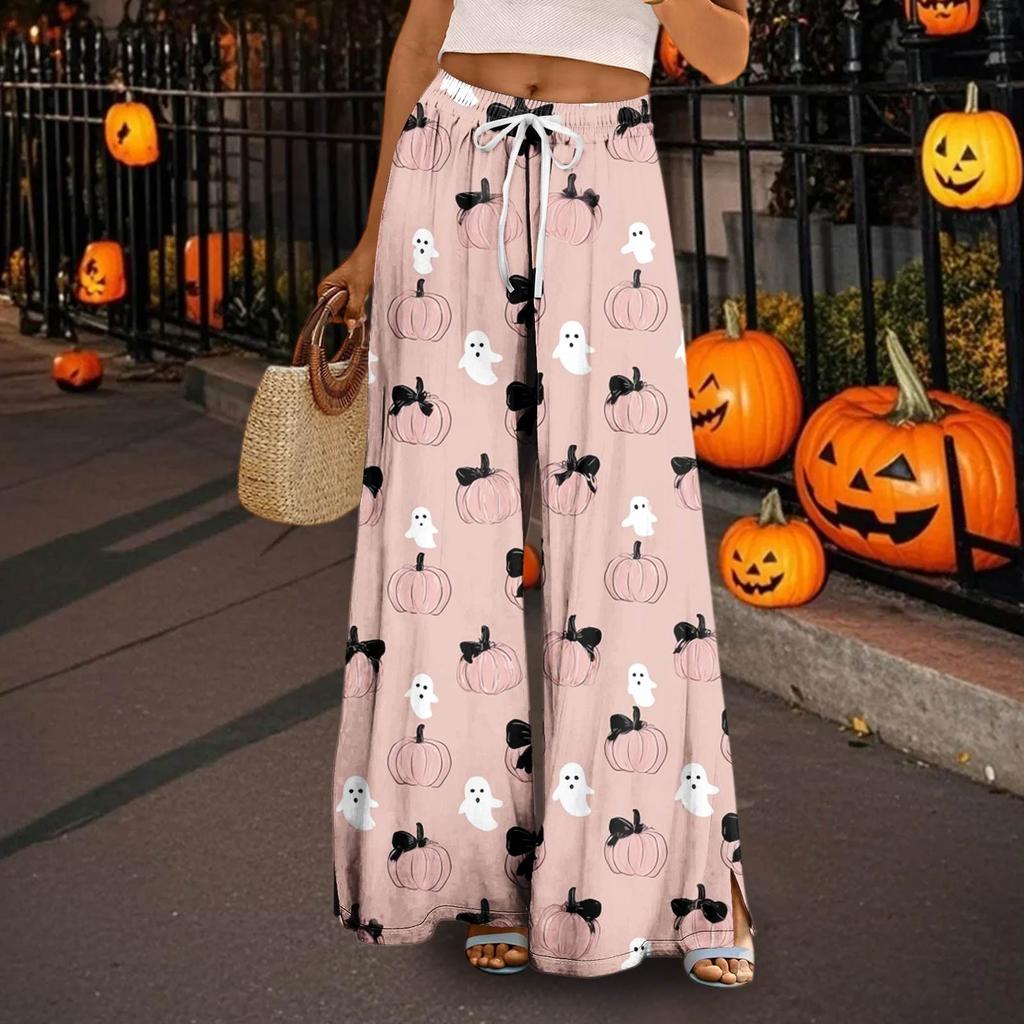 Women's Casual Wide Leg Pants Stretch Belt Pocket  Print Adjustable Tie Pants