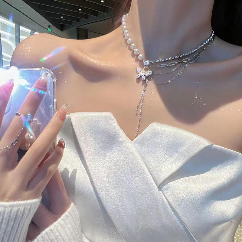 Pearl necklace new female zircon butterfly fringe splicing niche design light luxury high-end clavicle chain tide