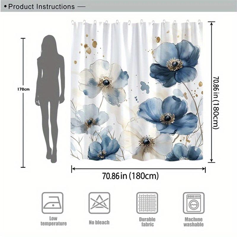 1 Elegant Floral Shower Curtain - Navy And White Floral Pattern With Gold Speckles, Machine Washable Polyester For Bathroom