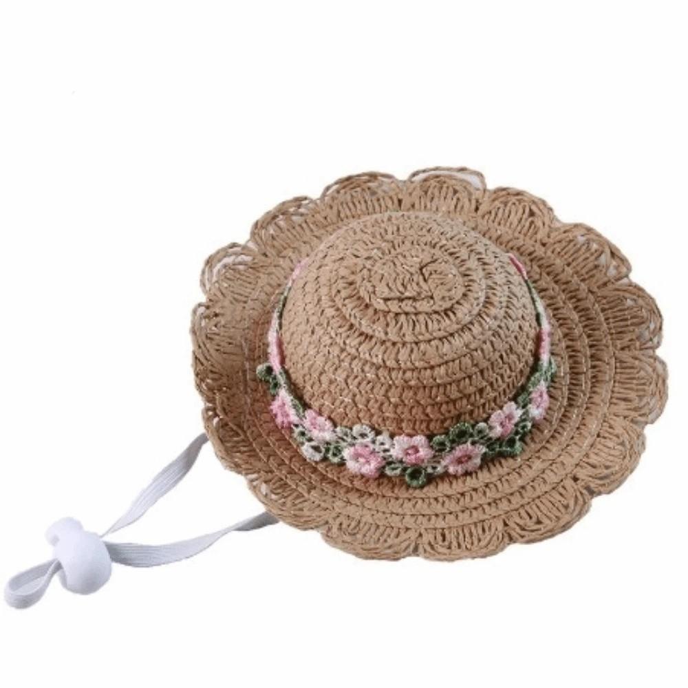 Embroidered Floral Pastoral Style Pet Straw Hat Adjustable Pet Sunshade Hat Dog Fisherman Hat Park