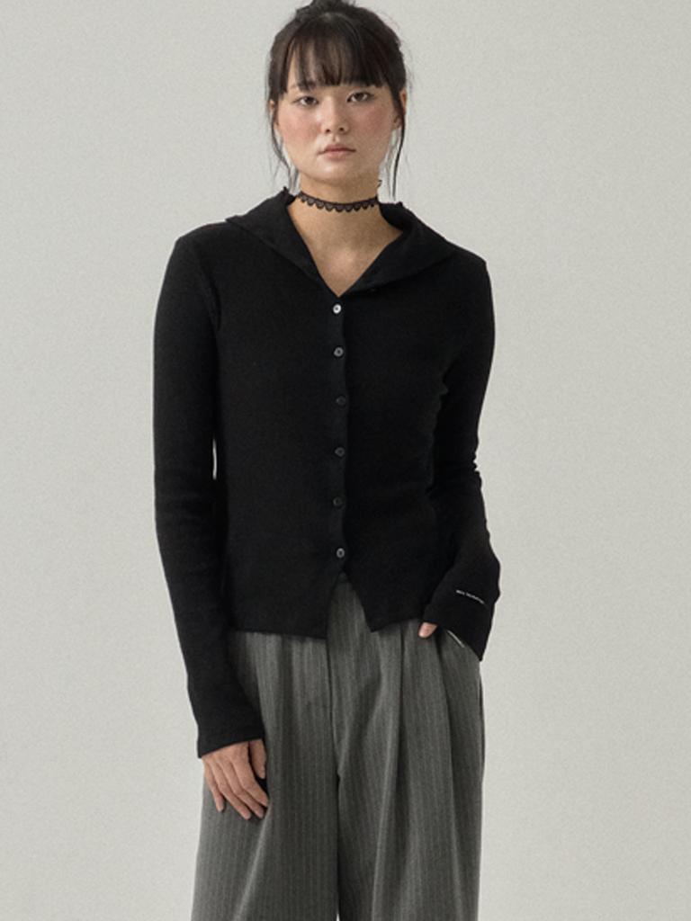 SORRY, TOO MUCH LOVE High Neck Button Down Ribbed Top_Black