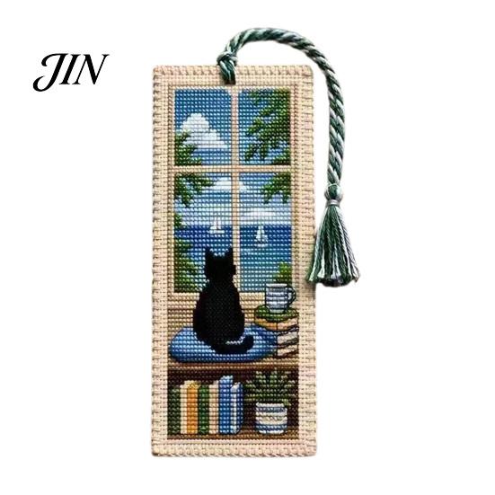 Vintage Style Bookmark DIY Stitch Kit for Adults Beginners, Seasonal Cat Retro Handmade Embroidery Kit, Gifts Lovers, Readers Artistic