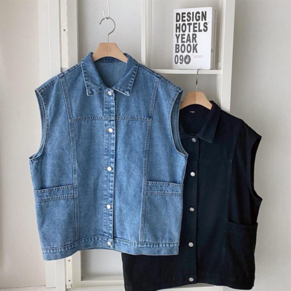 New Arrivals Open Run Women Casual Pocket Loose Fit Denim Snap Button Long Vest