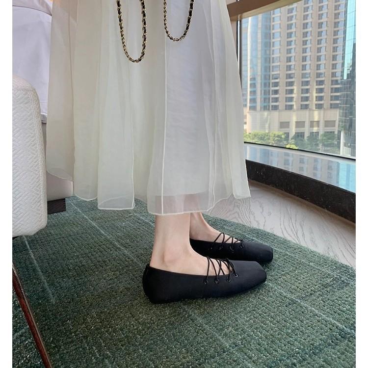Grape mother same style square head satin casual versatile cross belt ballet single shoes lazy one pedal Mary Jane shoes women