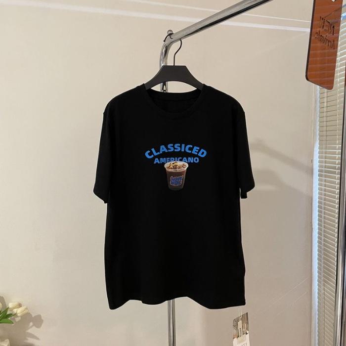 

Pure cotton niche retro ice American coffee printing round neck short-sleeved T-shirt men and women s new couple loose t-shirt summer 3XL