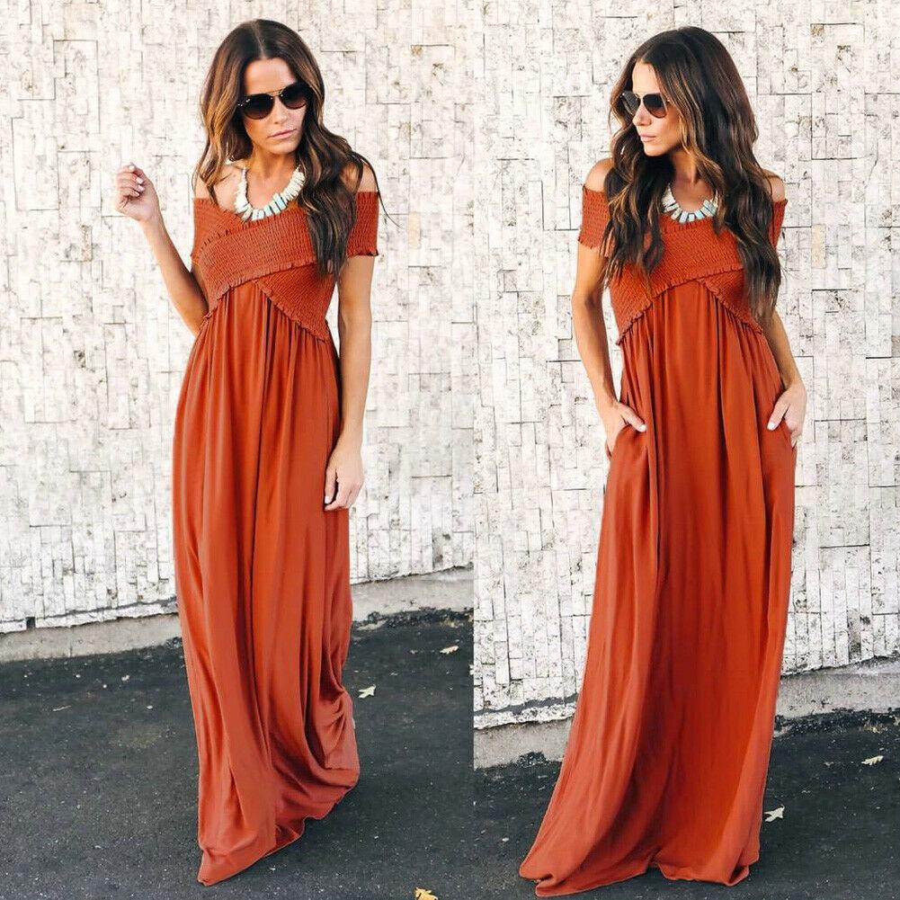 

Women Sleeveless Summer Loose Casual Long Maxi Dress Ladies V Neck Size Plus Red Brown,L