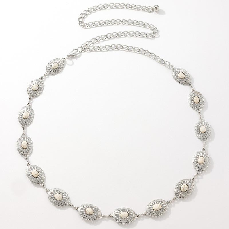 Hollow Turquoise Ladies Metal Waist Chain With Pearl Detailing For Spring Summer And