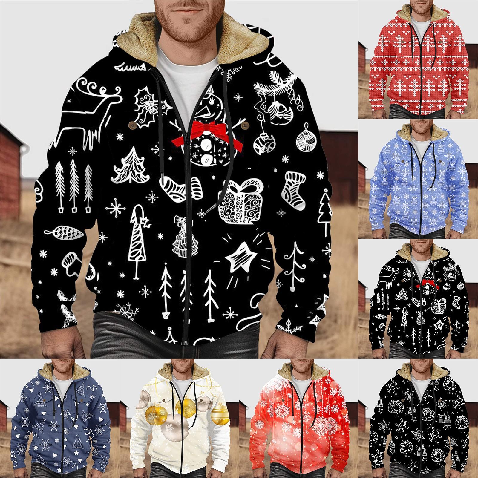

Мужская куртка с двойным карманом и рождественским принтом. Мужская весенне-осенняя повседневная трендовая куртка на молнии с капюшоном.