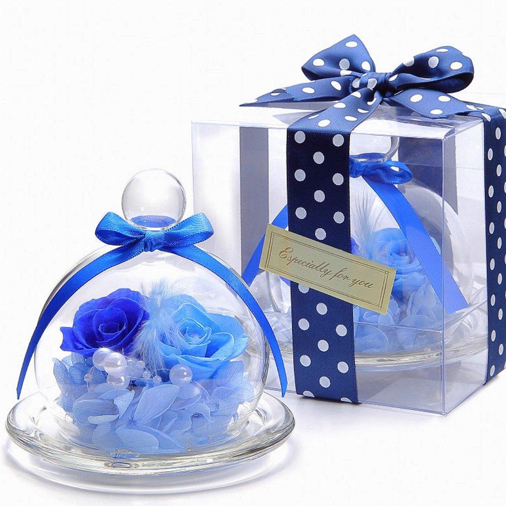 Teatsite Preserved Flower Arrangement, Pre-Wrapped, Glass Pot, 2 Flowers (5 Blue Roses)