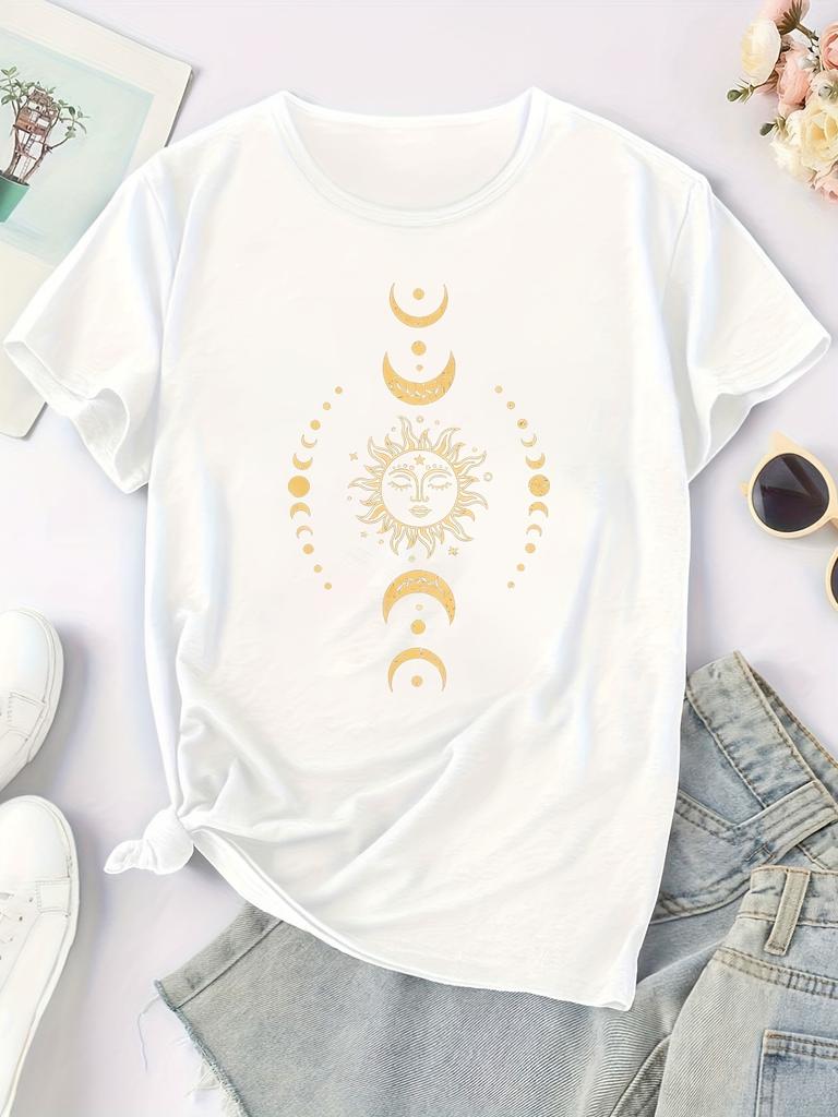Neck Short Sleeve Medium Stretch Fabric Perfect for Spring Women'S Bohemian Graphic T-Shirt  Casual Crew Aesthetic Clothes