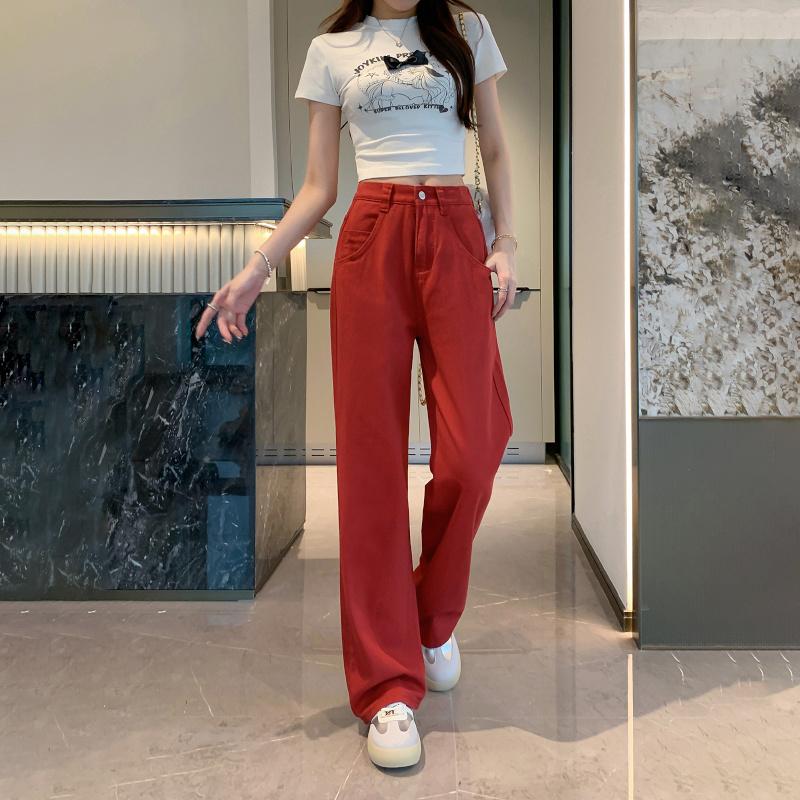 Jeansy z wysokim stanem i szerokimi nogawkami damskie luźne proste spodnie jeansowe w jednolitym kolorze koreańskie spodnie streetwear