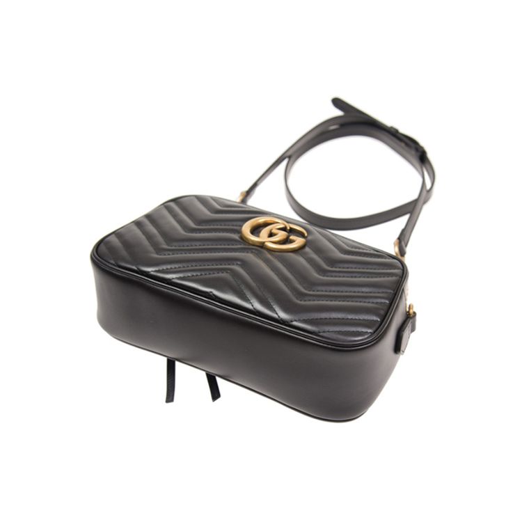 Gucci GG Marmont Black Leather Chevron Quilted Camera Crossbody Bag For Women Daily Use
