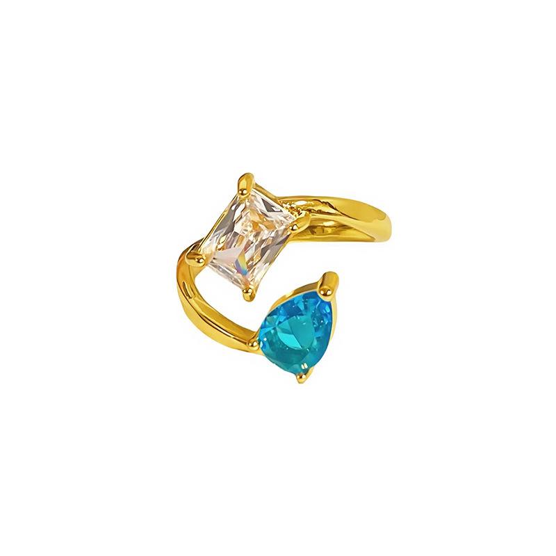 Medieval Stacked Wearing Sea Blue Horse Eye Diamond Opening Ring Women'S Double Head Bow Blue And White Flash Diamond Personalized Ring