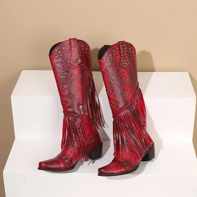 Západní kovbojské boty s třásněmi ke kolenům pro ženy Zlaté Červené hadí kůže Vysoké podpatky Deformovaná špička Nýty Kovbojské Zip Dlouhé boty
