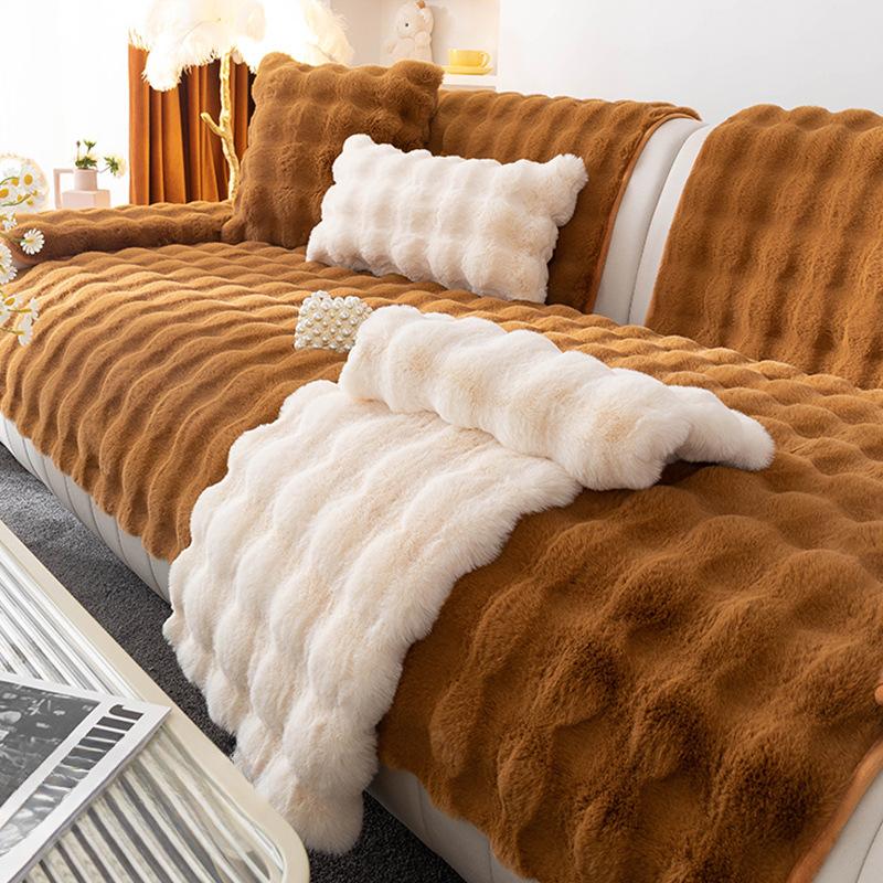 Rabbit Plush Sofa Cushion Winter Thickened Fleece Cover Warm Non-Slip Three-Seat Sofa Protector