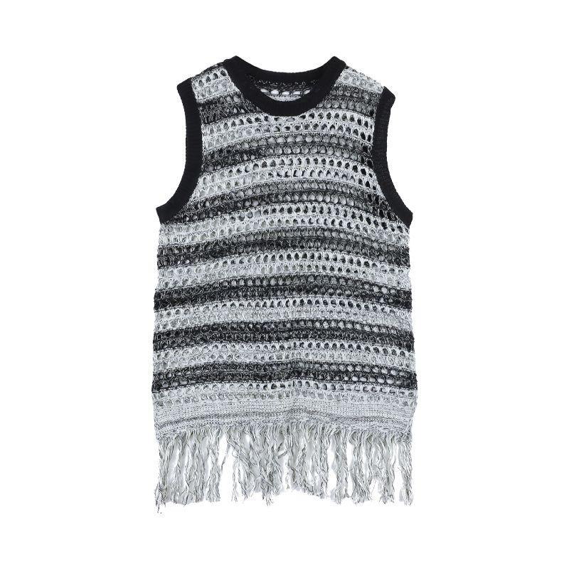 Medium To Long Tassel Top for Women with A Niche Retro Design Hollowed Out Sleeveless Vest Summer Contrasting Stripes