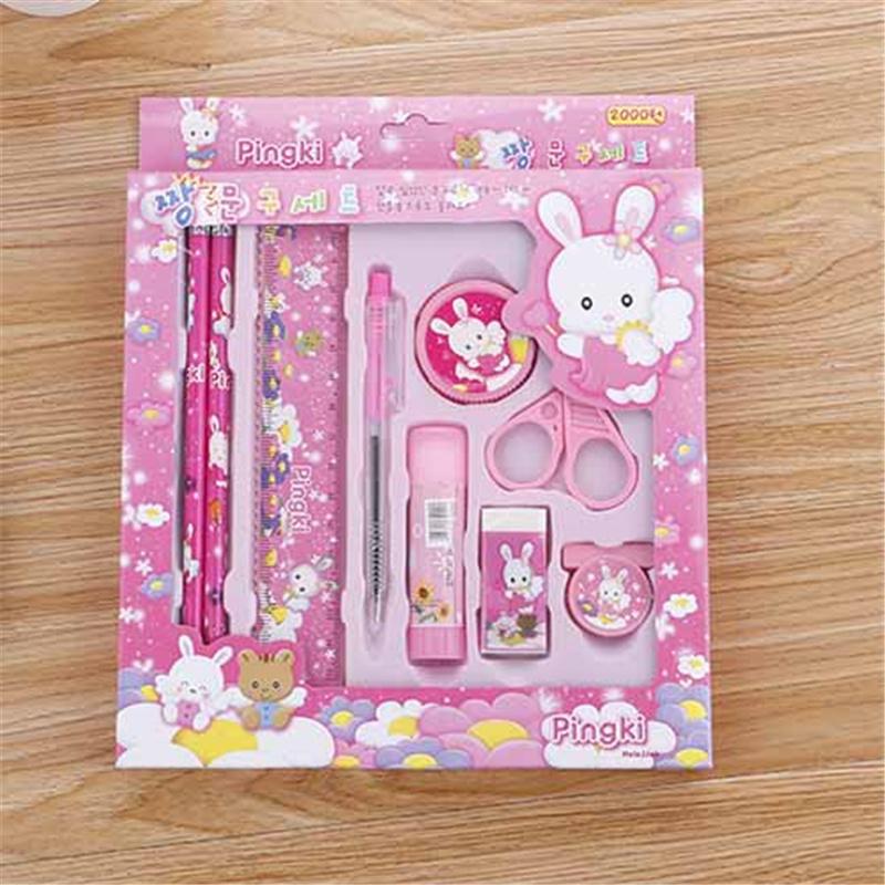 9pcs Cartoon Stationery Gift Set Ruler+ Pen +Pencil Sharpener+Scissors+Clips+ Eraser+Glue Kids School Supplies Prize Box