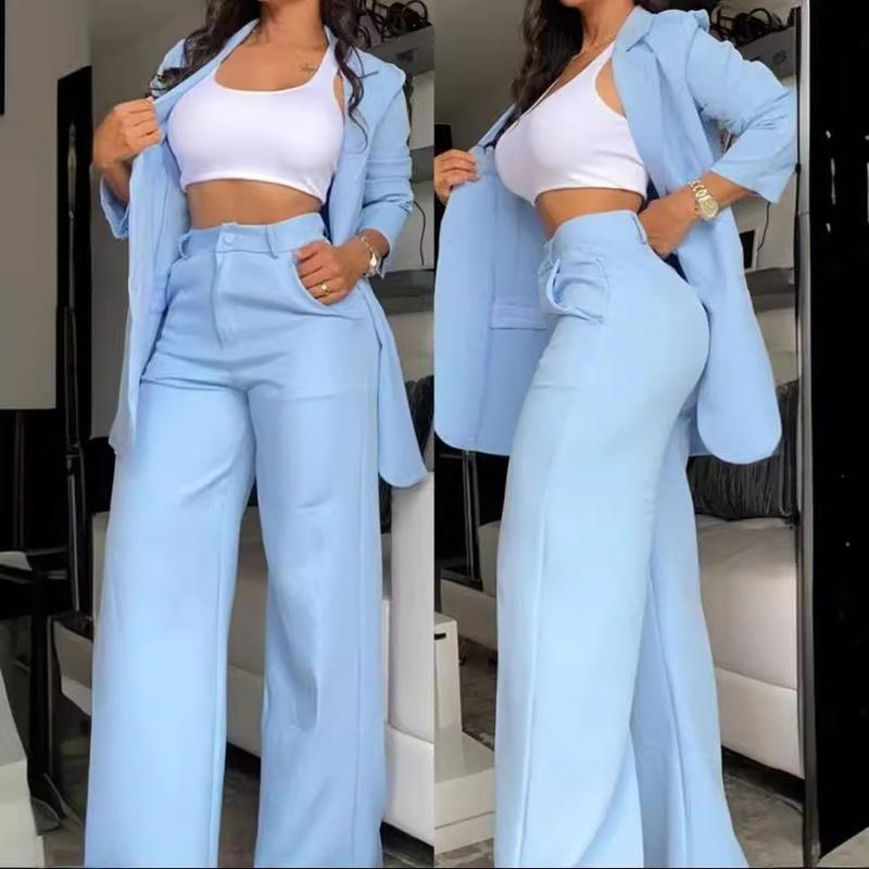 Women's Two Piece Blazer Set Lapel Jacket Wide Leg Pants Elegant Office Suit Outfit