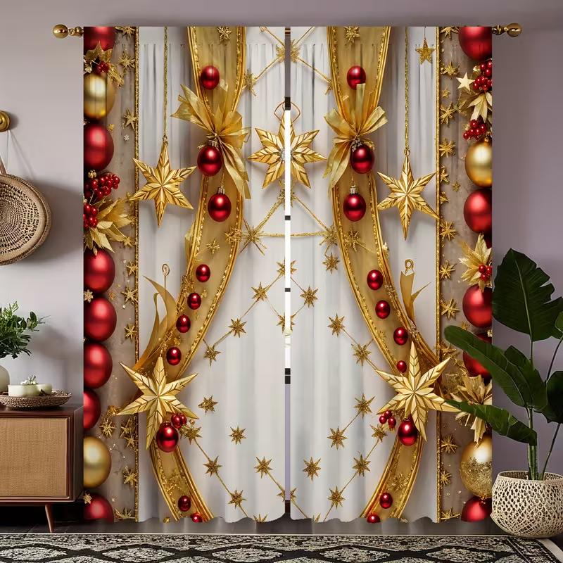 

JIT 2pcs Golden Red Christmas Festive Curtain Decorative Privacy Polyester Holiday Home Decor Rod Pocket. 100*130 HOOK 1pcs