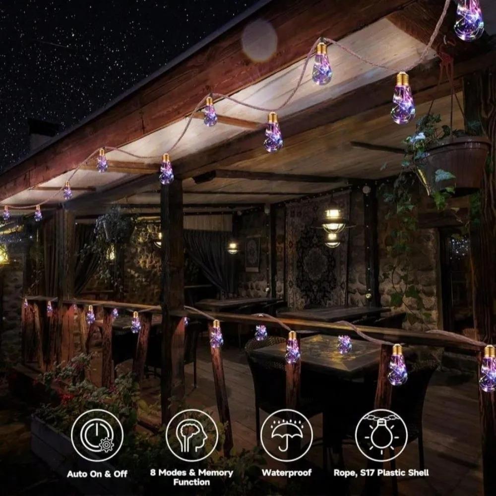 80LED Outdoor Garden Solar Light String, Bulb Hanging Retro Hemp Rope Light String, for Camping Courtyard Fence Garden