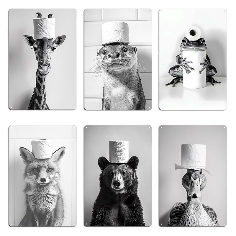 Giraffe Otter In Bathroom with Toilet Paper On Head Metal Signs Wall Mural Club Wall Custom Print Decoration Tin Sign Poster