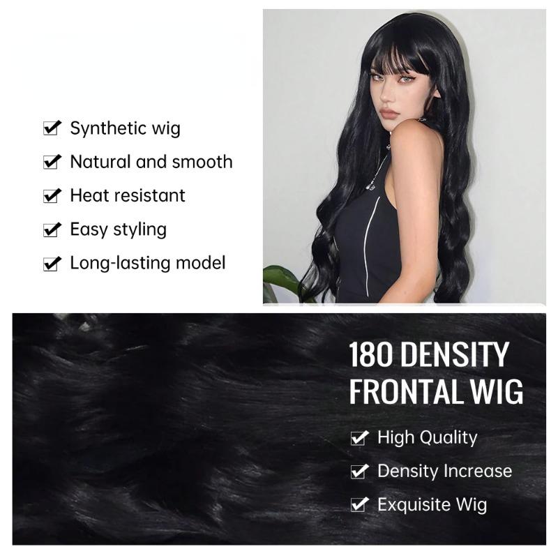 Natural Black Curly Long Wavy Synthetic Wigs with Bangs for White Women Body Wave Dark Cosplay Lolita Hair Wig Heat Resistant