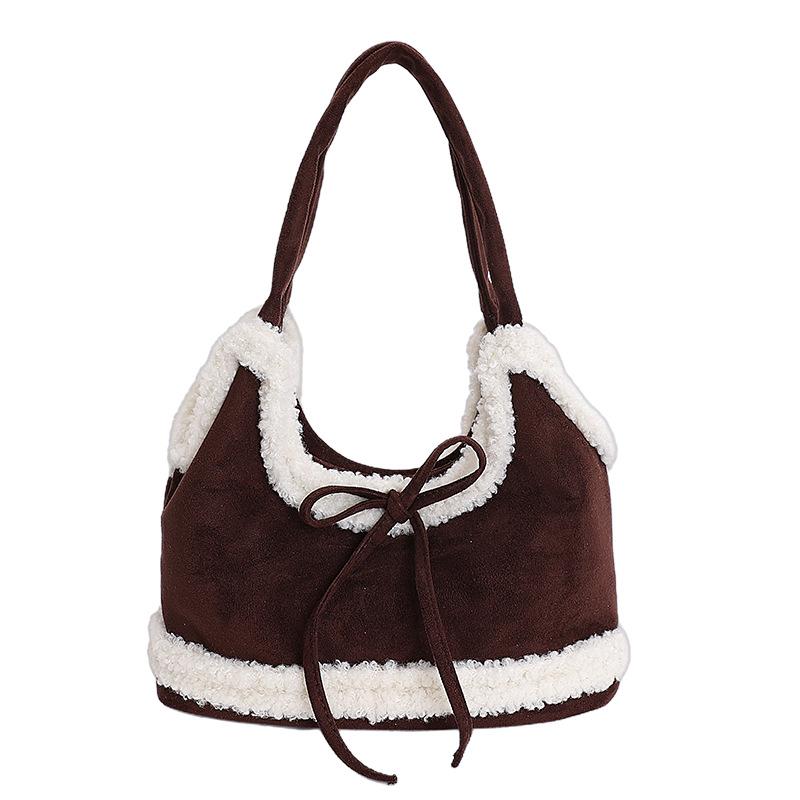 Niche Women's Lambswool Patchwork Bow Tote - Large Capacity Single Shoulder Bag 2025