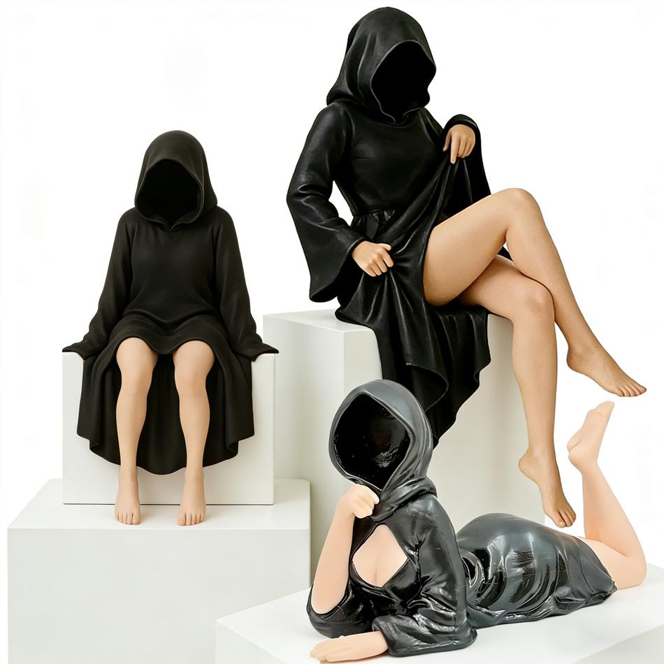 3D Mysterious Halloween Statue Gothic Black Robe Queen Figure Bookshelf Sculpture Spooky Sitting Statues Desktop Ornaments Gifts