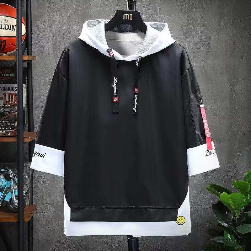 

Модная двухкомпонентная толстовка с капюшоном в гонконгском стиле: Молодежный свободный летний топ с рукавом 3/4 Medium чёрный