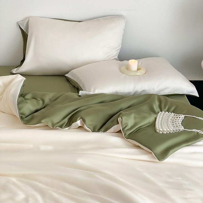 Summer Solid Color Ice Silk Four Piece Set Cool Feeling Bed Sheet Duvet Cover Three Piece Bedding Set For Dormitory Comfortable Bed Linen