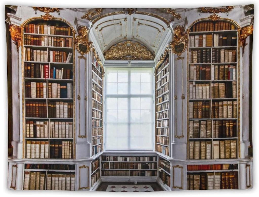 Retro Bookshelf Tapestry Vintage Library Wall Hanging Tapestries,Old Books On Shelf Classical Study Room Student Study College