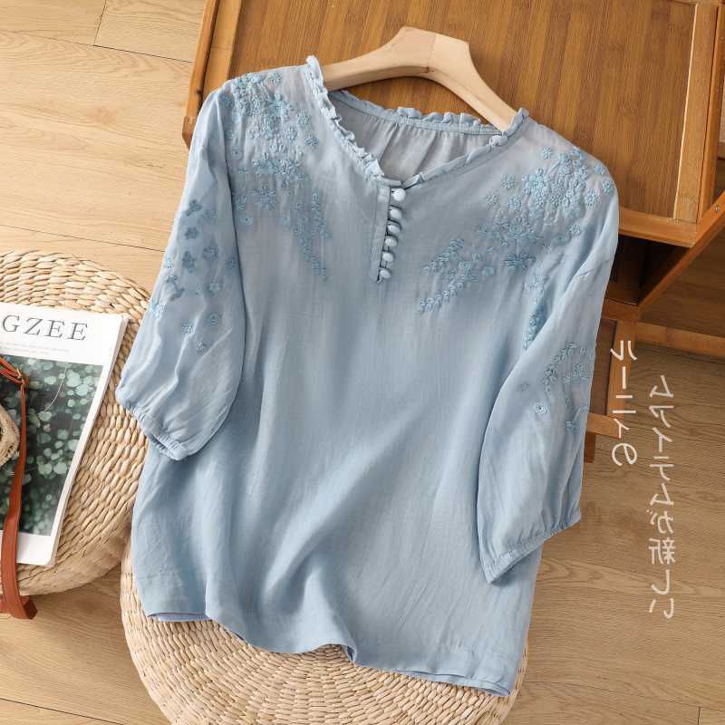 Summer Vintage Shirts Elegant OL Work Blouse Women O Neck Sleeve Embroidery Blusas Femme Causal Cotton Chemsie