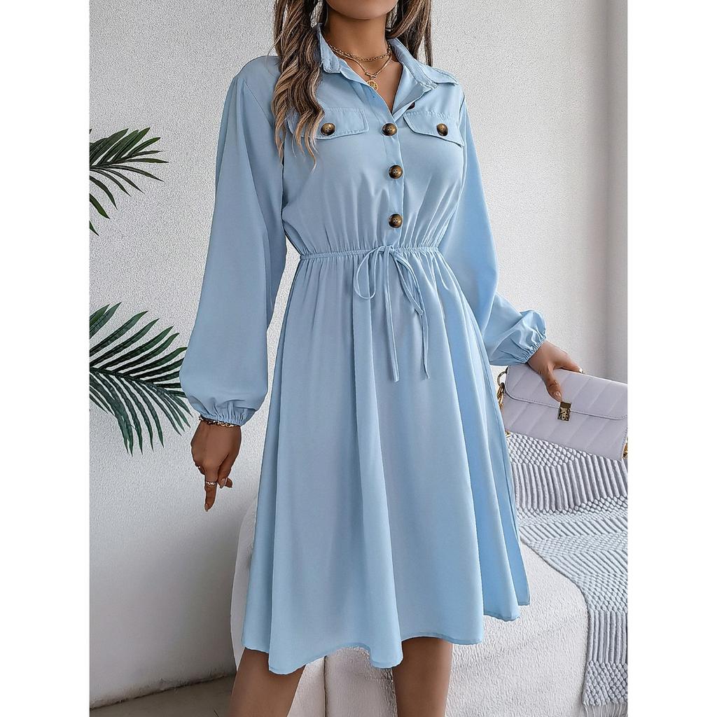 HNXC Autumn and Winter Casual Button-tied, Waist-cinching Long-sleeved Shirt Dress for Women