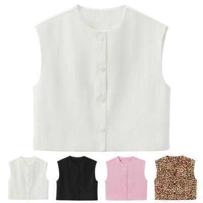 Women Vest Single-breasted Sleeveless Round Neck Solid Color Leopard Print Button Commuting Dating Casual Short