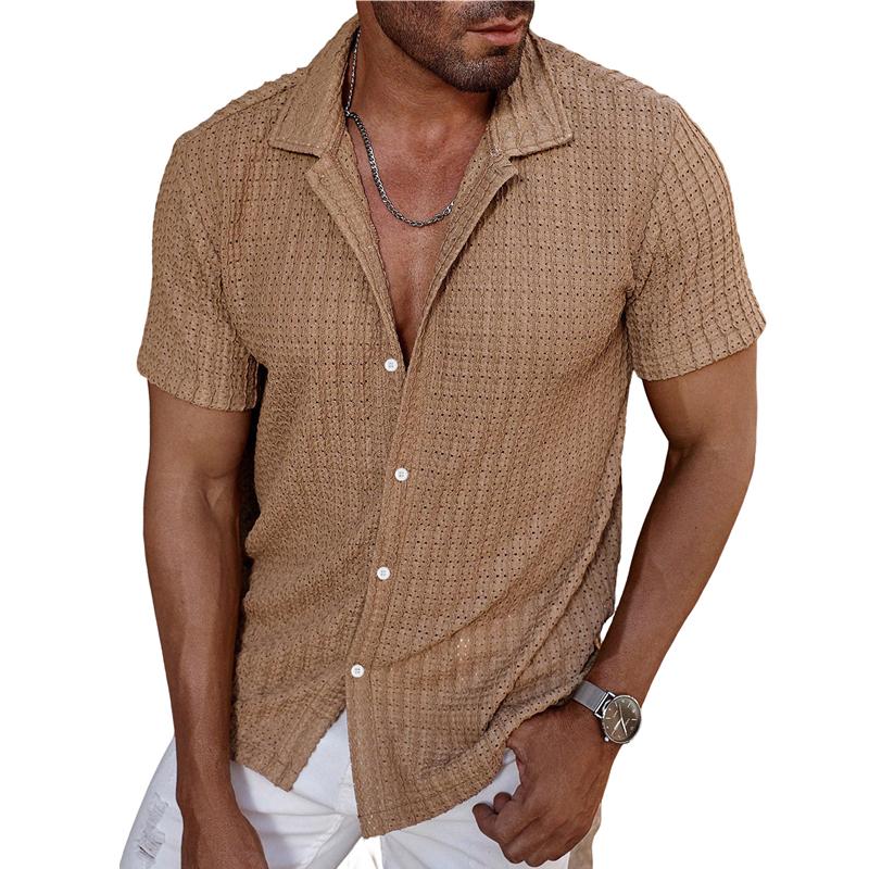2026 Summer Men's New Lapel Button-up Shirt Cool Breathable Hole Design Casual T-shirt