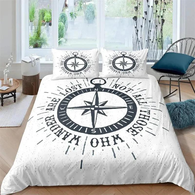 Duvet Cover Compass and Wind Rose Nautical Theme Voyage Words Decorative Bedding Blue White Room Decoration for Women Men Gifts
