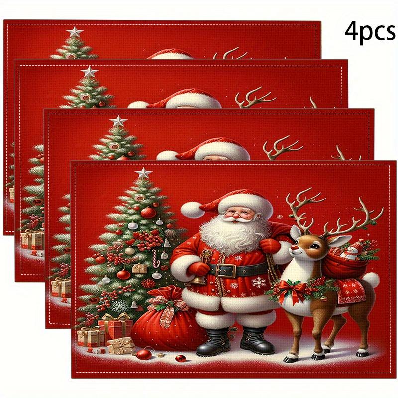 4-Piece Santa's Reindeer Placemats Easy-Clean Christmas Dinner Family Gatherings & Holiday Parties Table Decor