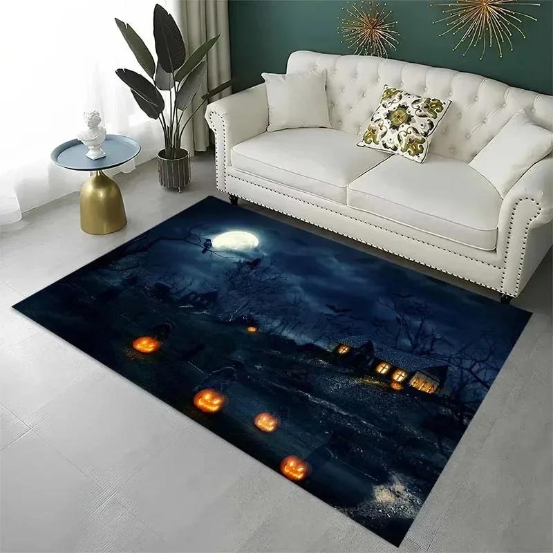 Horror Halloween Horror Pumpkin Rug Non-Slip Living Room Floor Mat Creepy Laundry Room Decor with Ghost Print Home Sofa Mat