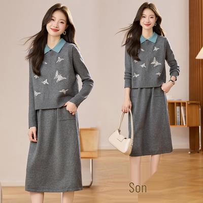 Ensemble deux pièces en maille pour femme: Robe en laine à manches longues avec débardeur à col rond et cardigan de longueur moyenne
