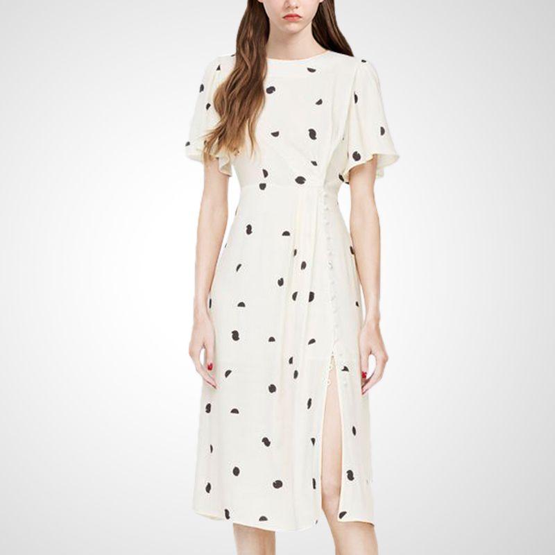 

Fresh Style Goddess Temperament Platycodon Slim-Fit Printed Dress Black Flowers on white background 2XL