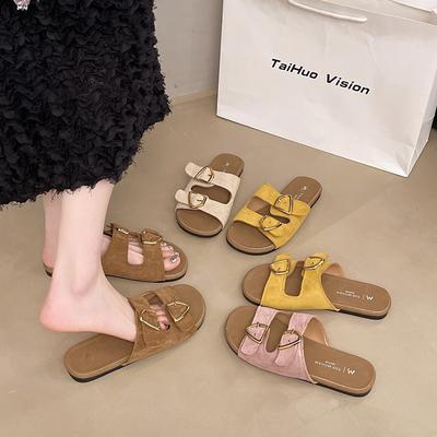 Internet Celebrity Flat Bottom One-word Shoes Women's Summer New Flat Heel Soft Sole Casual Outer Wear Buckle Lazy Versatile Cool Slippers