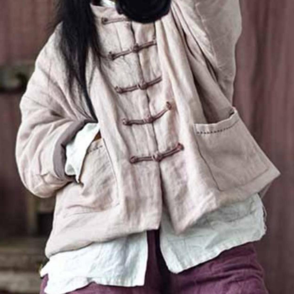 

Женские винтажные льняные парки на пуговицах, однотонные пальто, зимние пальто со стойкой и хлопковыми карманами, женские китайские парки One Size розовый