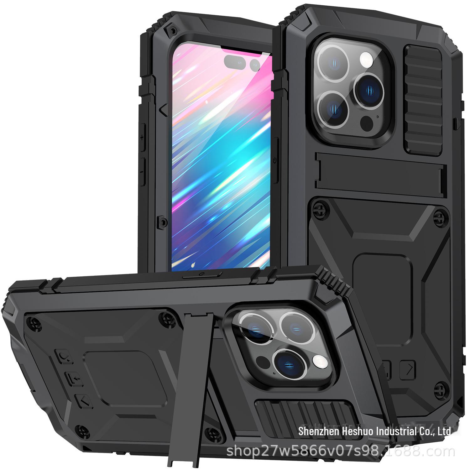 

Защитный чехол для iPhone14ProMax с тремя уровнями защиты, металлическим корпусом и подставкой — конструкция, защищающая от падений. 14 чёрный