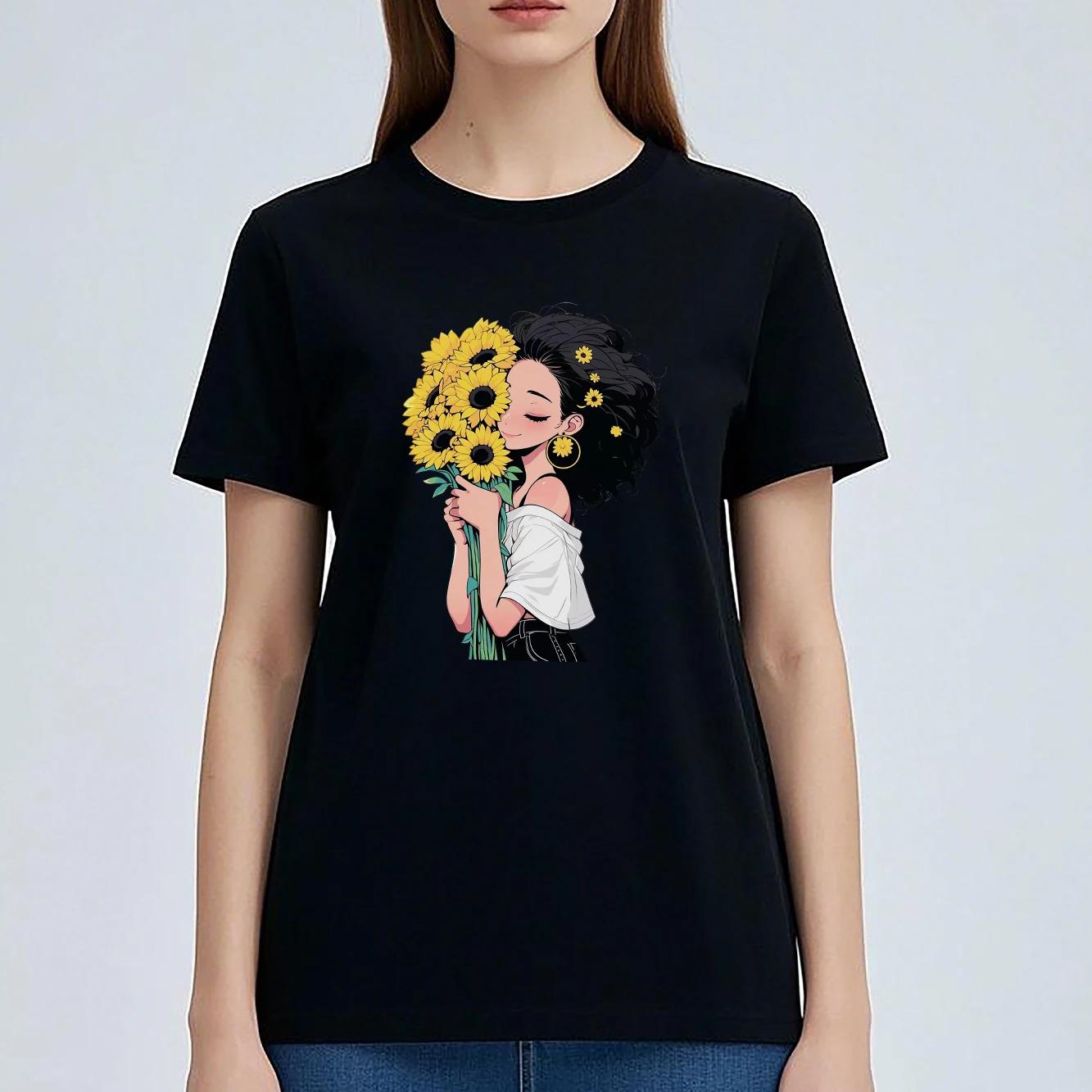 Beautiful Sunflower Girl Cartoon Printed Fashionable and Versatile Short Sleeve Round Neck Womens Tshirt S