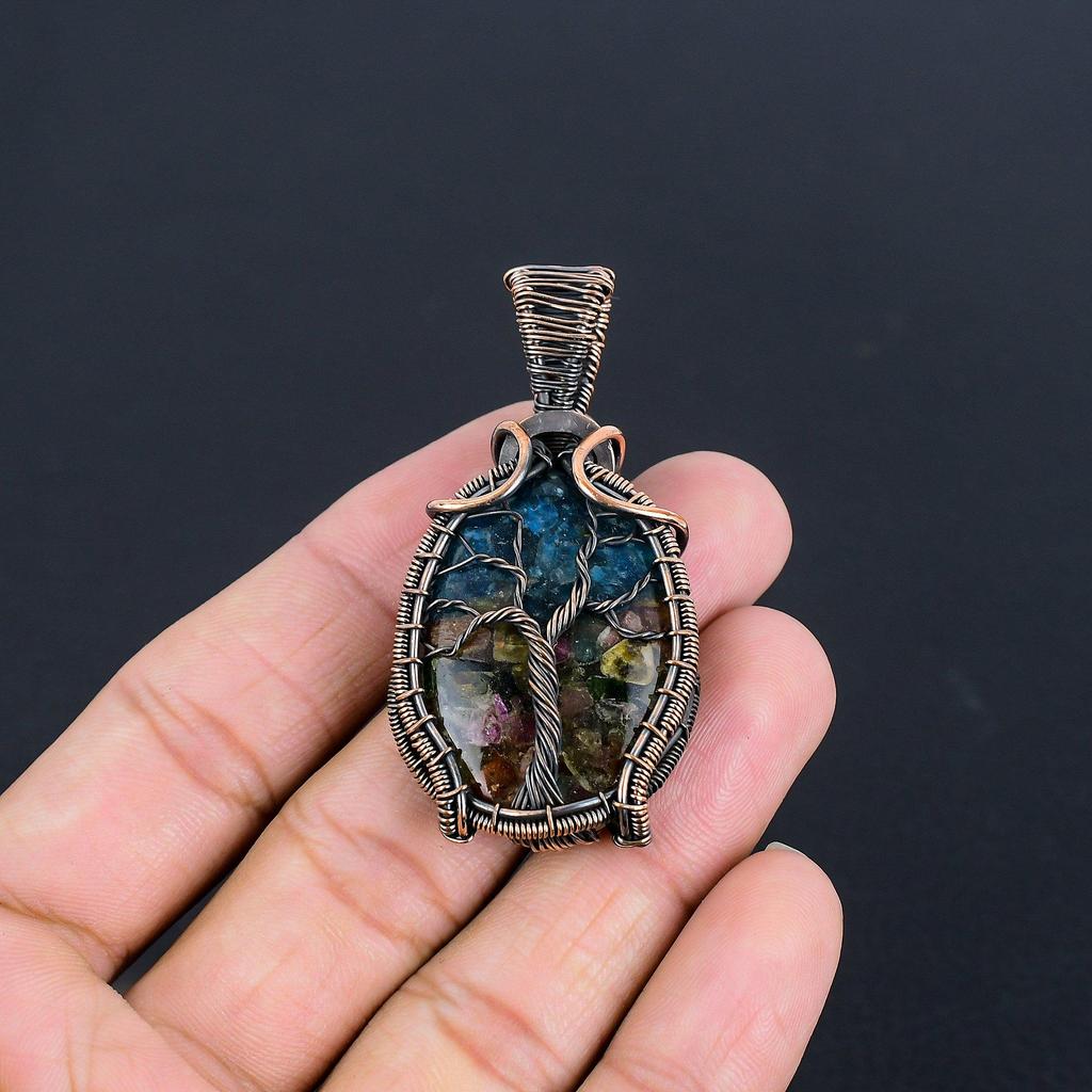 Water Melon Tourmaline Pendant, 999 Copper Wire Wrapped Gemstone Jewelry, Handmade Pendant, For Thanksgiving