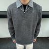 Old money wind fake two v-neck sweater men's autumn high-end American retro knitted Polo bottoming shirt